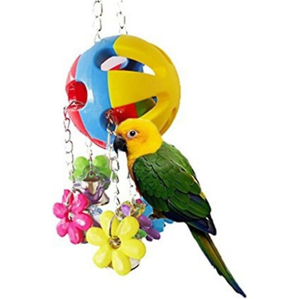 Ara papegoja fågel hängande tuggleksak med blommor och plastklocka