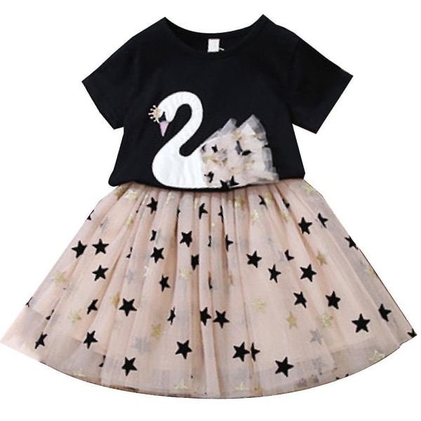 Hmwy-kids Girl Casual Party Gallakjole Sommer T-shirt Tutu Nederdel Sæt Outfit Black 5-6 Years