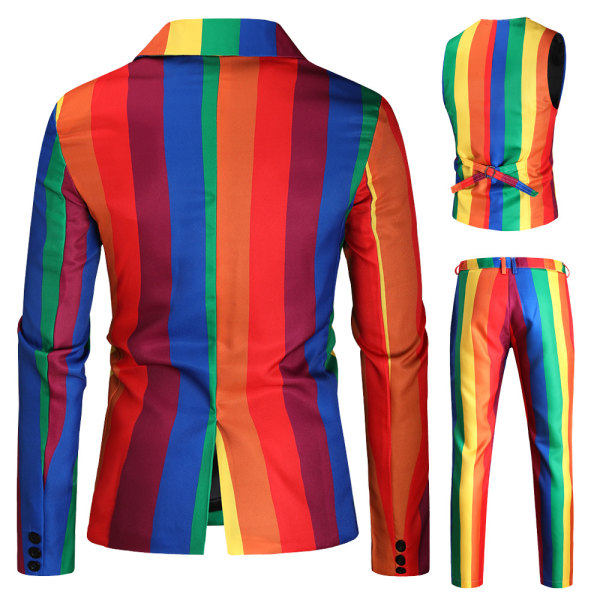 3-delt herre farvet stribet jakkesæt med en knap smoking blazer jakke bukser vest sæt (XL størrelse)