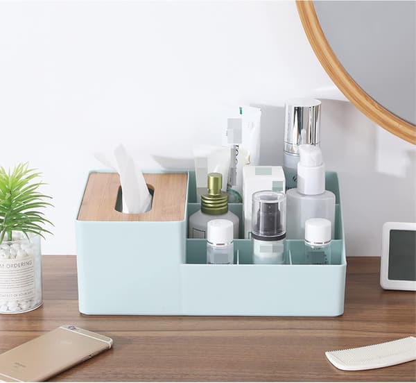 Sminkförvaring, Kosmetikförvaringslåda med Bambu Tissue Box Badrumsförvaring för Sovrum Kontor 27,3*17,4*10,3 CM (Blå) B