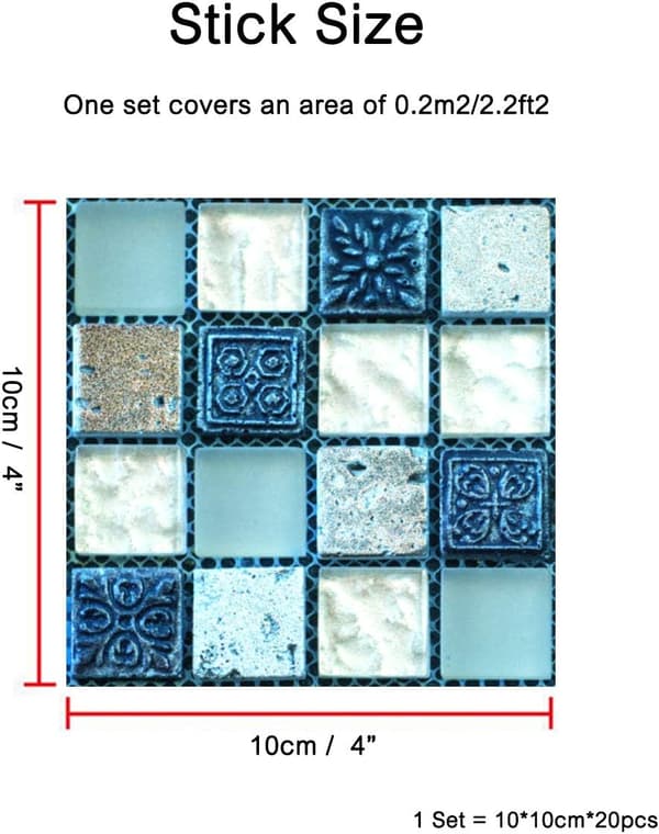 3D Mosaik 10x10cm Väggdekor Sovrum Väggförvandling Självhäftande Papper (20 Stycken Blå)