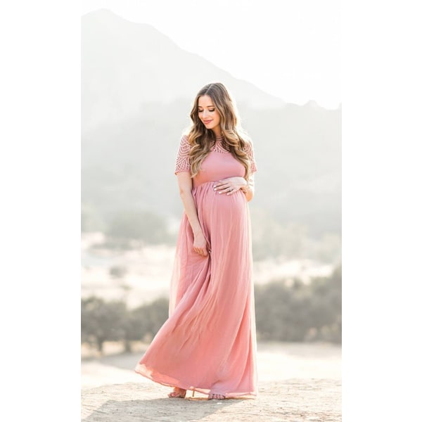 Graviditetskjole Chiffonkjole Blondetøj til gravide kvinder pink XL