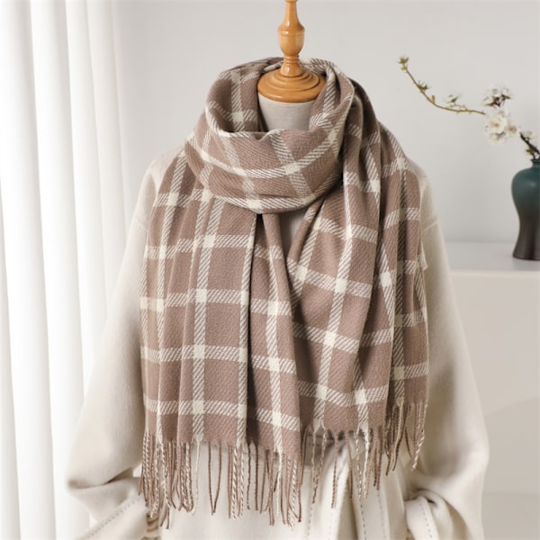 2024 Vinter Kvinder Plaid Faux Cashmere Sjal Tyk Varmt Cashmere Sjal Wraps Med Kvaster 1
