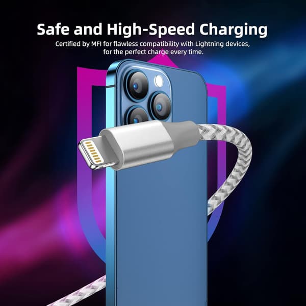iPhone-lader 3-pakning, 3 m Lightning Nylonflettet kabel Hurtiglading, Slitesterk Apple-ladekabel