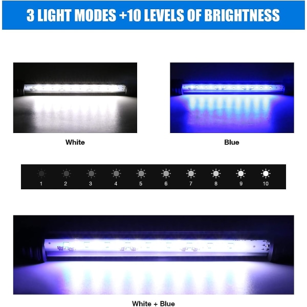 LED-akvarieljus, nedsänkbart akvarieljus med automatisk på/av-timer, färgskiftande blå och vit LED-belysning för 30-50 cm akvarium
