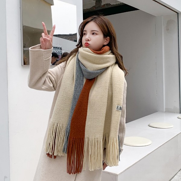 Tvåfärgad Spetsad Halsduk Kvinnor 2024 Höst och Vinter Ny Imitation Cashmere Frans Varm Färgblock Halsduk för Kvinnor och Män 2