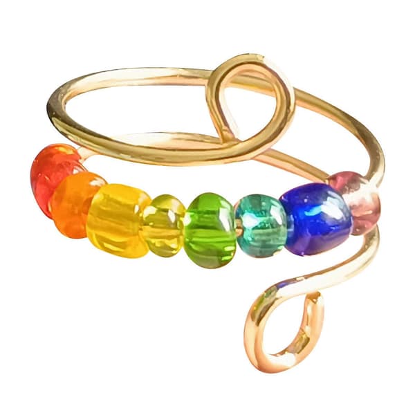 Justerbar angstring roterende ring med perler regnbueperler damer dekompression Golden Box