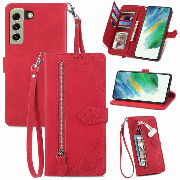 För Samsung Galaxy S21 FE 5G Präglad Blommig Stötsäker Läderfodral Red