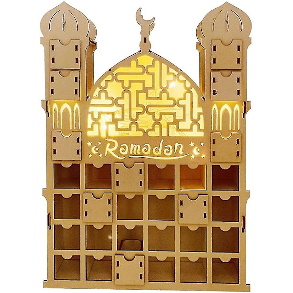 Ramadan Adventskalender, gjenbrukbar adventskalender i tre med 30 skuffer, Eid Mubarak-dekorasjon, Ra