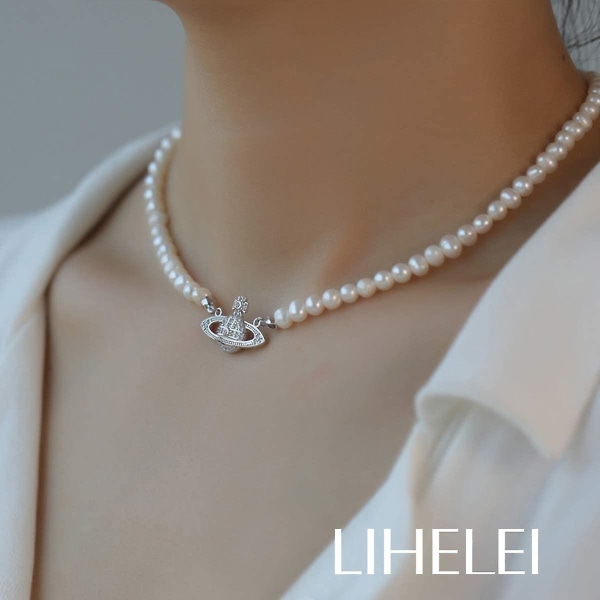 Perlehalskæde til Acsergery-kvinder, Pearl Planet-halskæde, Sterling Silver Pearl-halskædegave