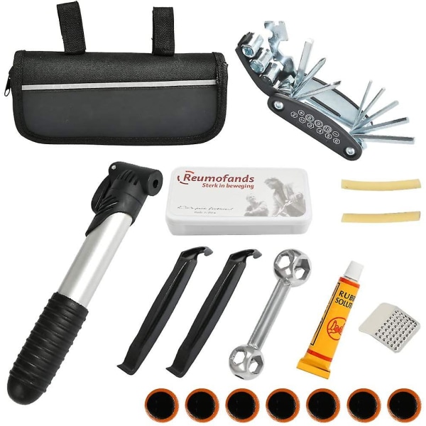 Flerfunktionsverktyg för reparation av cykeldäck, 16 i 1 reparationsverktyg för cykeldäck med lappsats, däckspakar och insexnyckel i en bärbar svart väska