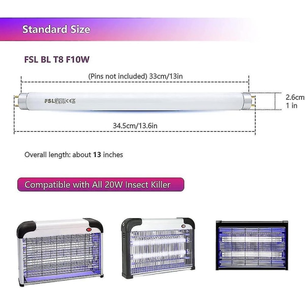 Fsl T8 F10w Bl Erstatningslampe For Myggdreperlampe, 34,5cm Uv-Rør For 20w Myggdreper/Insektdreper(2stk)