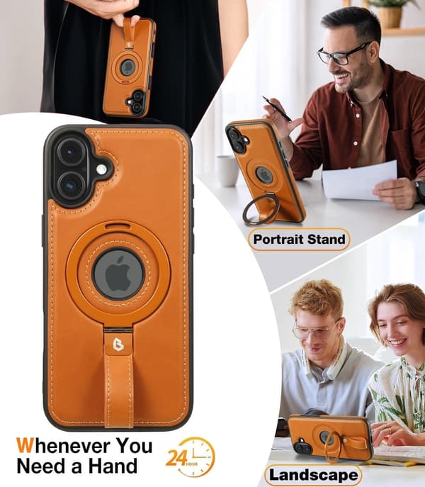 Magnetic Ring Grip Holder for Phone Case | Protective Leather Phone Case | MagSafe Compatible | Built-in Stand iPhone 16 Plus brown