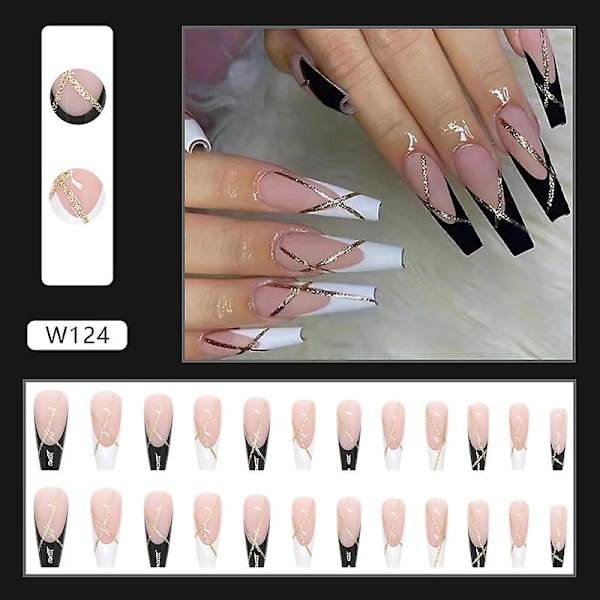 24-pack Pressade naglar Falska Ballerina Lång Längd Glitter Guld Pulver Diy Manikyr Verktyg Full Coverage Nagelklistermärken För Kvinnor
