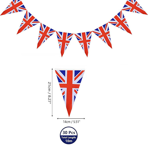 10m Union Jack Triangulär Vimpel 30st Brittiska Flaggor, Kung Charles Kröningsdekorationer, för Festdekoration