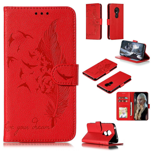 Fjermønster Litchi-tekstur Horisontal Flip-læderetui med pung & holder & kortpladser til Motorola Moto G7 Play Red