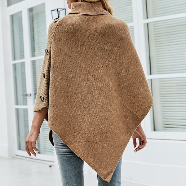 Dame Pullover Trøjer Løs Sjal Wrap Med Sideknapper Strikket Ensfarvet Kappe Khaki