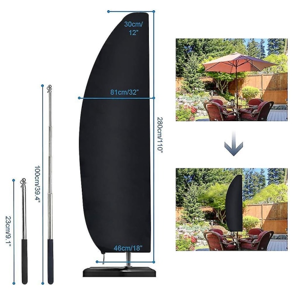 Parasoltrekk, vanntett, vindtett, slitesterkt ripstop Oxford-stoff ekstra stort cantilever-parasolltrekk med glidelås (265 x 40/70 / 50 cm) - svart