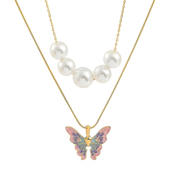 Guld Silver Kedja Kvinnor Butterfly Pearl Necklace Double Choker Chains Smycken Gold