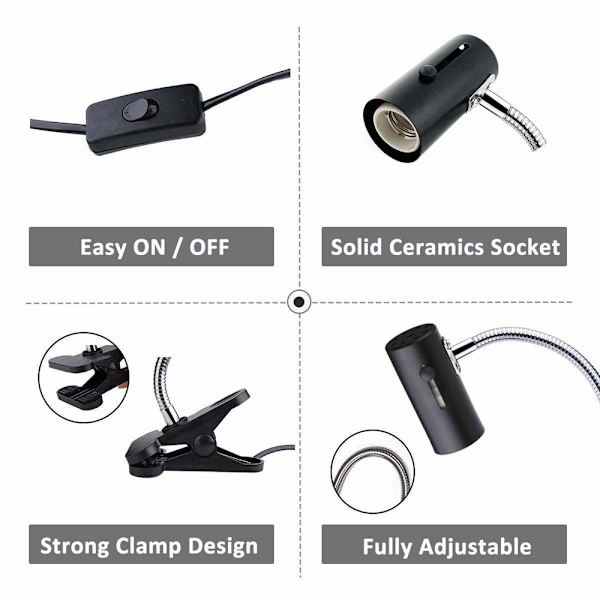 E27 med klemme og 1,8 m kabel til krybdyrlampe, maks. 150W Fleksibel sort E27 skildpadde terrarium fatning klemme varmelampe (uden pære)
