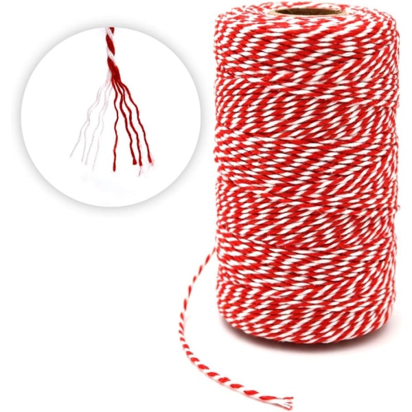 Fargerikt tau, 200M rød og hvit bomullstråd med gulltau, 2MM gaveinnpakningstau, baketau for håndverksdekorasjon, egnet for DIY-gavedekorasjon