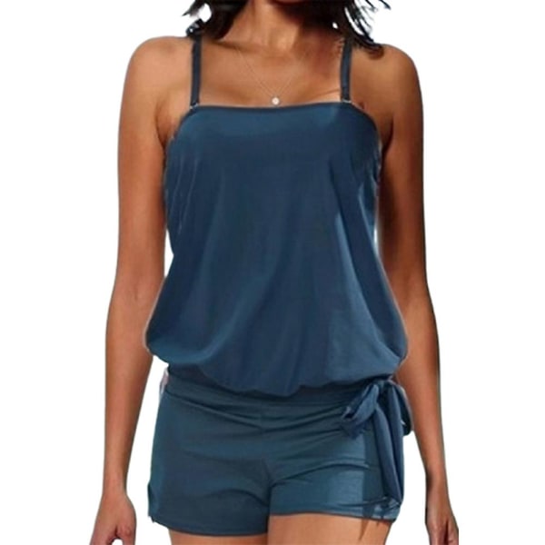 Kvinners Ensfarget Badetøy Polstret Cami Topper + Shorts Tankini Set Badedrakt Blue XL