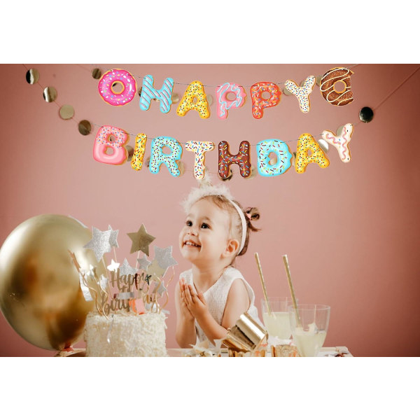 Donut Happy Birthday Banner Tema Bursdagsfest. Passer for barns bursdager og velkomstbabyfestutstyr