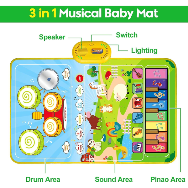 3 i 1 musikmåtte til småbørn 1-3, klavermåtte og trommemåtte med 2 pinde, tidligt pædagogisk læringslegetøj i 12-18 måneder Baby, Animal Touch Play Blan