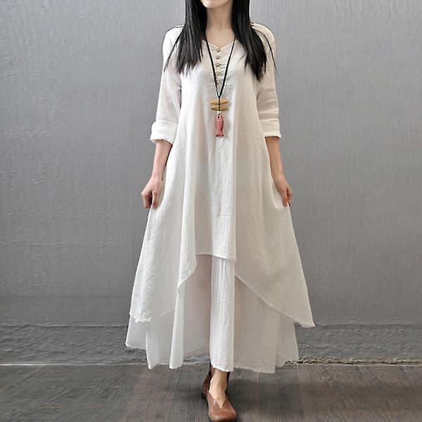 Plus Size Oversized Dame Langærmet Baggy Løs Lagdelt Maxikjole White L