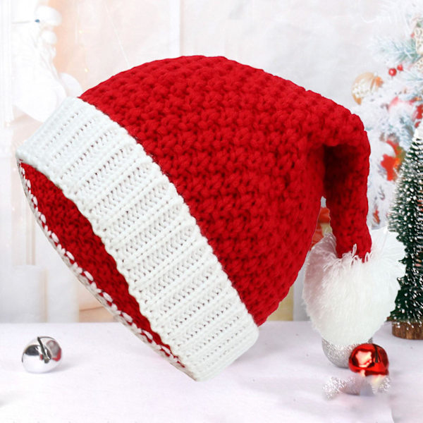 Julklappsmössa Stickad Vit Pompom Handgjord Flanging Termisk Klä Upp Kostym Tillbehör Ullgarn Kvinnor Män Unisex Jultomtehatt För Utomhus Red One Size