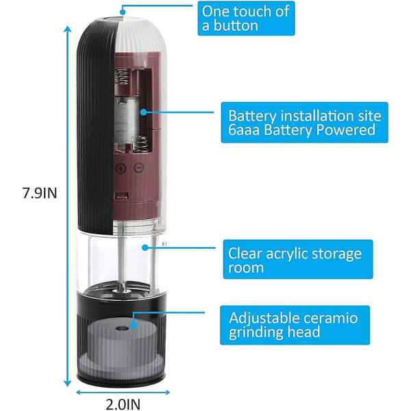 Elektrisk peber- og saltkværnsæt, justerbar grovhed, batteridrevet, automatisk betjening med én hånd, rustfrit stål