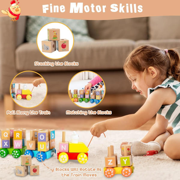 Tretren i tre med stablespill - Baby Block Pull Toy med formsortering Tidlig utdanning leketøy for småbarn gutter jenter