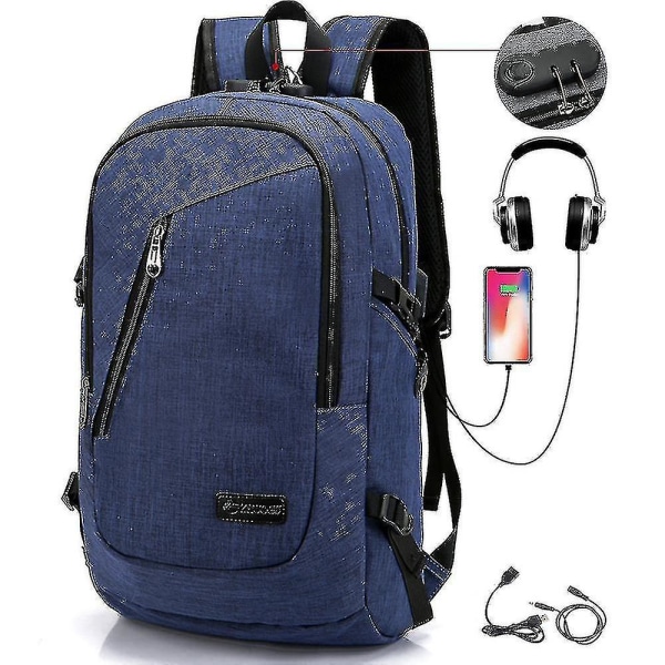 Student Ryggsekk Usb Lading Skoleveske Ungdom Datamaskin Bag blue