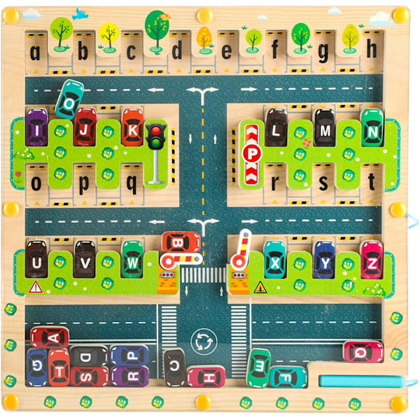 Magneettinen aakkospeli, magneettinen labyrintti 3-6-vuotiaille, opettavaisia pelejä kirjainten oppimiseen, Montessori-puulelu hienomotoriikalle Bil och parkeringsplats