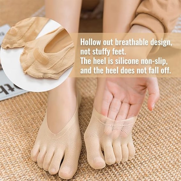 Pairs Femtåstrumpor Osynliga Kompressionsandning Halksäkra Låg Skärning Foder Spacer Båtsockor Fulltå Yoga Sockor för Kvinnor