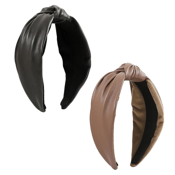 Hårbånd for kvinner Pannebånd For kvinner Lærpannebånd for kvinner med slips 2 stk Kunstig toppknute jentemote Svart+brun Black*brown