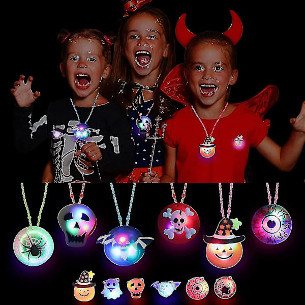 Halloween-festartikler til børn - 24 stk. Halloween LED-lysringe, halskæder, armbånd og broche - Halloween-lyslegetøj, der lyser i mørket