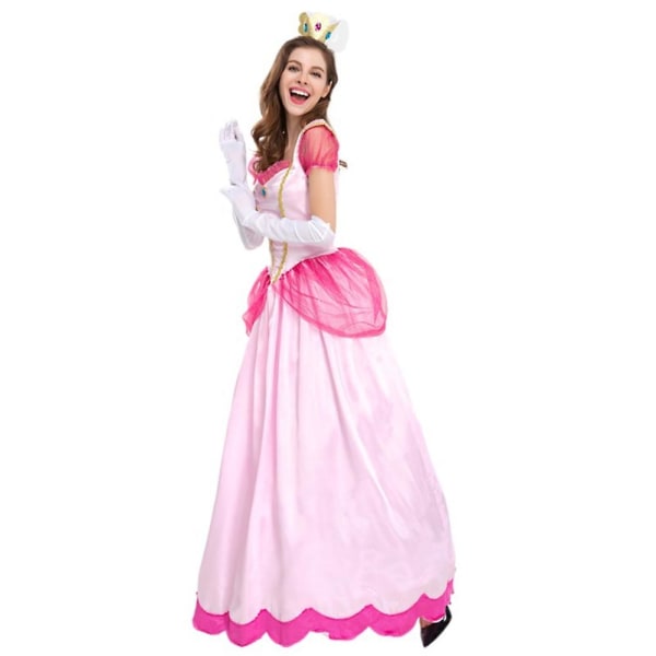 Kvinnor Super Mario Peach Cosplay Festklänningar Rosa Prinsessklänning+handskar+pannband Outfit Set Gåvor M