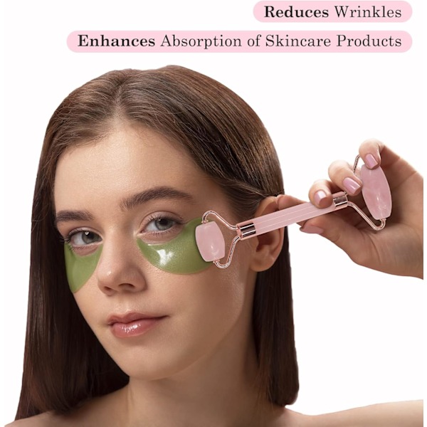 Jade Roller og Gua Sha Sæt, Rose Quartz Roller med Guasha Sten, Ansigtsrulle til Kvinder, Massageværktøj til Ansigts-, Nakke- og Kropsmuskelafslapning, Pink green