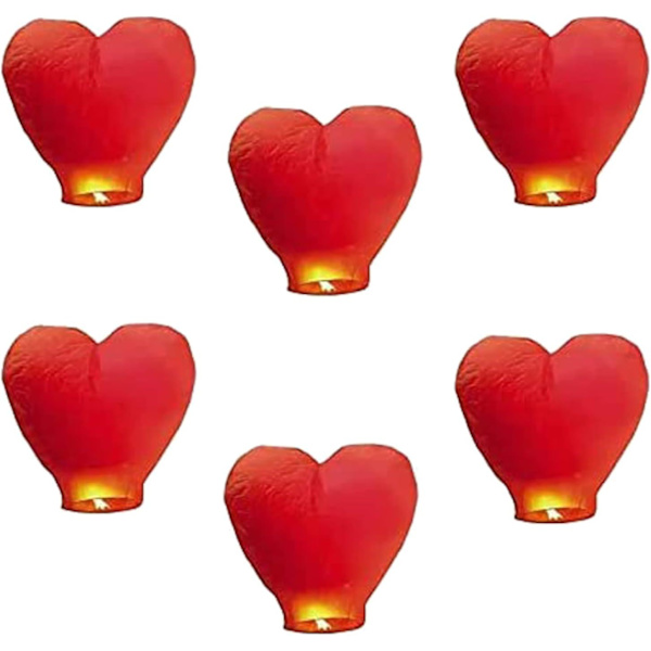 6-pack himmelslyktor, röda hjärtformade himmelslyktor för födelsedag, bröllop, nyår och alla festligheter