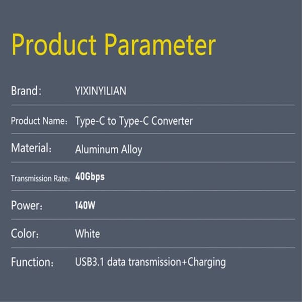 140W USB 3.1 USB-C Han til USB-C Han Adapter 8K 40Gbps Hvid size 6