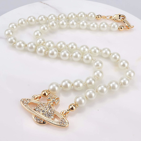 Piao Gold Rhinestone Faux Planet Saturn Pearl Halskjede for kvinner Smykker, Fake Pearl Collar Pendant A Halskjede Menn Med Charm for jenter Y2k Smykker La