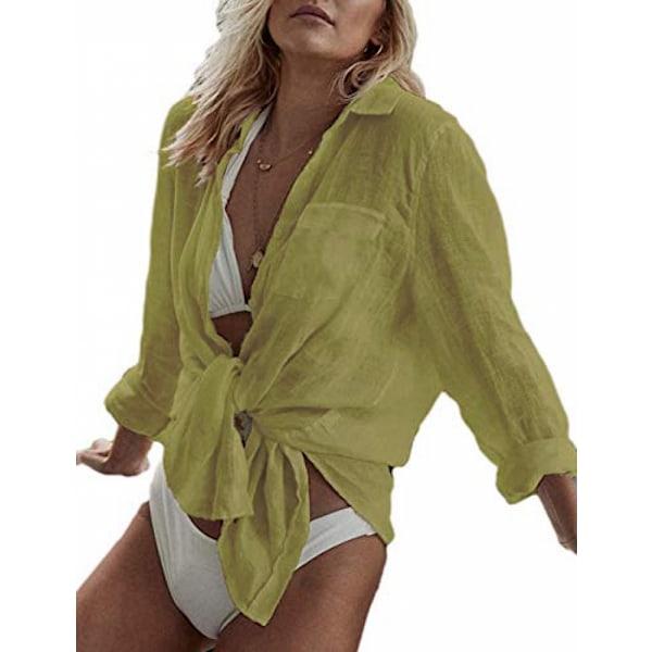 Langærmet strandskjorte til kvinder, bluser med nedfældet krave, badedragt cover ups, G-ginger