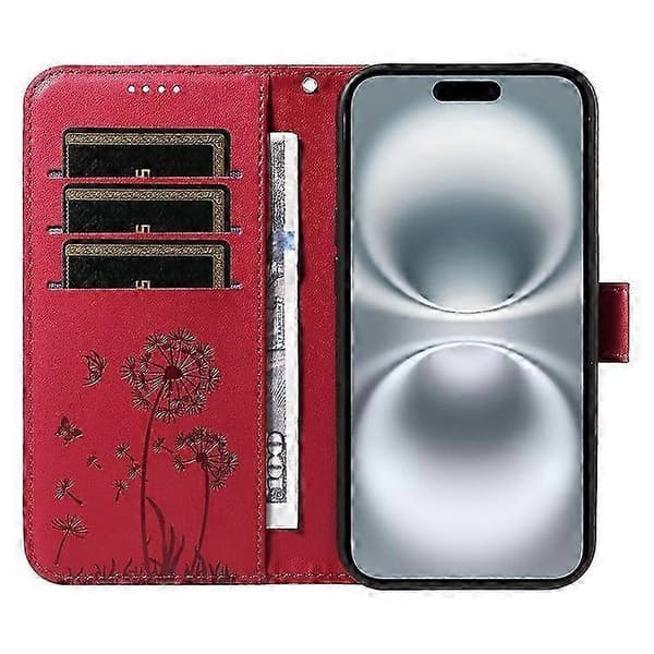 Kompatibel med iPhone 16 Läderfodral Plånboksfodral Maskrosavtryck Red