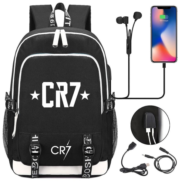 Cr7 Nylon Vattentät Studentväska Tonåring Tryck Skolväska Usb Laddning Lyssna På Musik Ryggsäck Laptop Ryggsäck