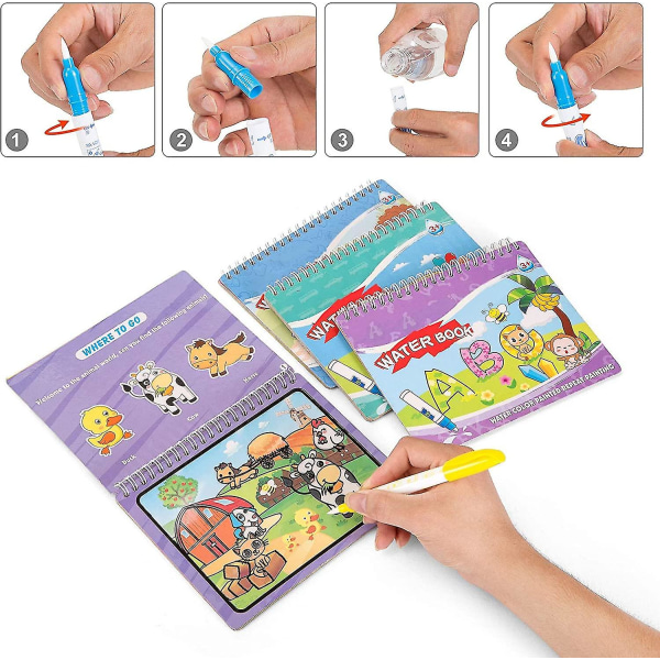 4 magiske vandtegnebøger Malebøger med 4 magiske penne Baby pædagogisk legetøj