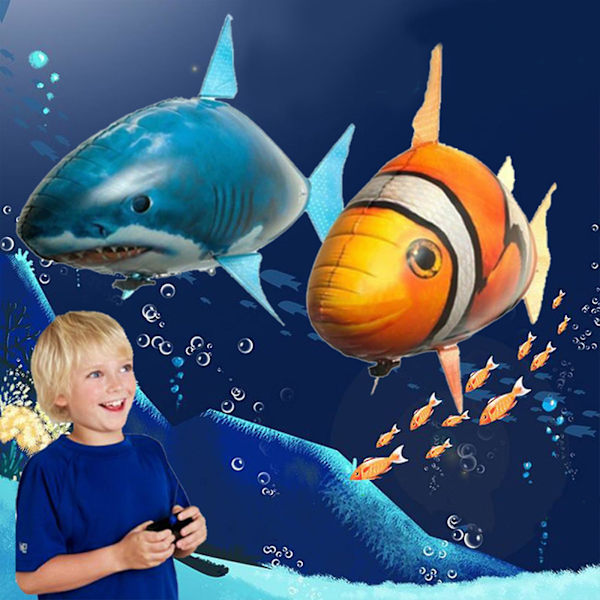 Oppblåsbar flygende hai, fjernkontrollert luftskip fisk leketøy helium ballong gaver til barn, festdekor Clownfish