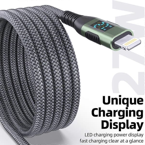 2m USB-C til Lightning-kabel med digitalt display PD 27W hurtiglading nylonflettet ledning Multicolor Black