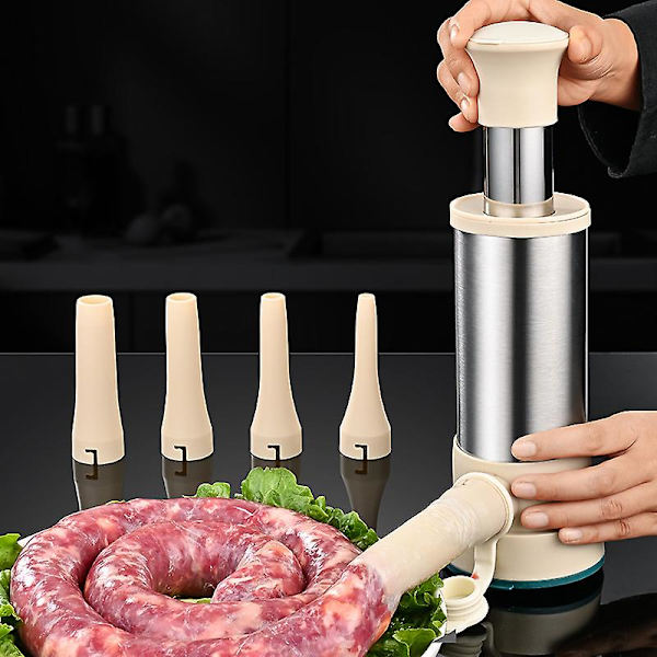 Pølsefylder Manuel Pølseproducent, Rustfrit Stål Kød Fyld Pølse Fyldtragt Rør Pølse Fyldværktøj Med 4 Dysse 1 Set