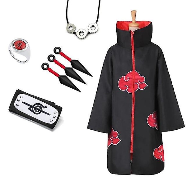 Uchiha Itachi Red Cloud Cloak Anime Ninja Cosplay Kostume Pandebånd Halskæde Halloween Kappe Voksen S